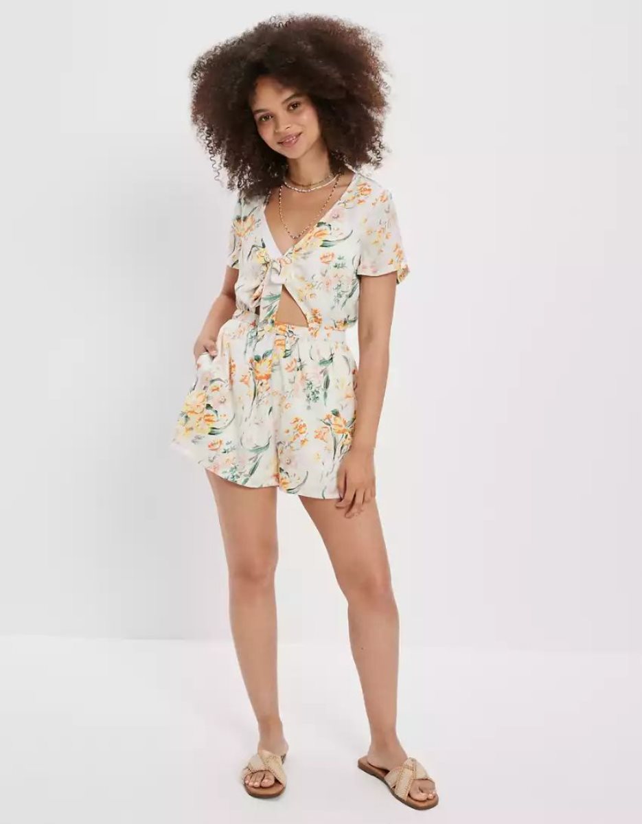 Robe Mi-longue American Eagle AE Tie-Front Romper Blanche Femme | ERA-04860323